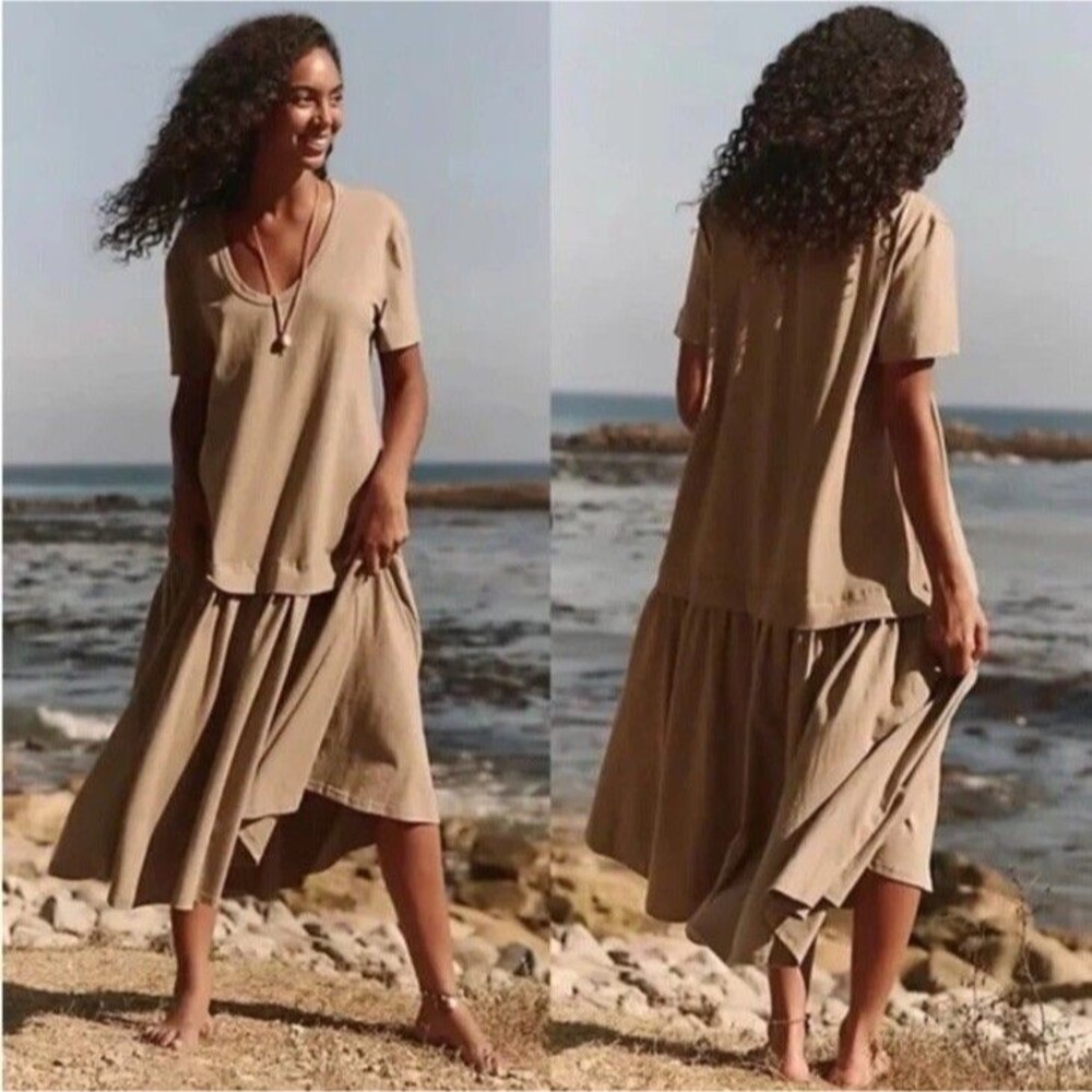 Free People Beach Herron Drop-Waist Maxi Dress Medium Tan Oversized TEAL New